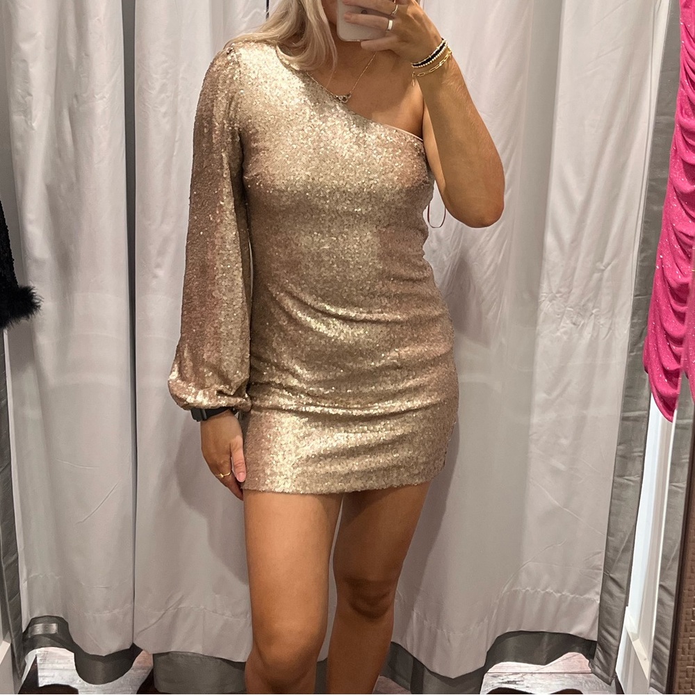 Gold Sequin One Shoulder Cocktail Dress